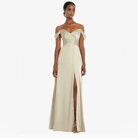 Dessy Collection Off-The-Shoulder Flounce Sleeve Empire Waist Gown With Slit - Picture 3 of 11